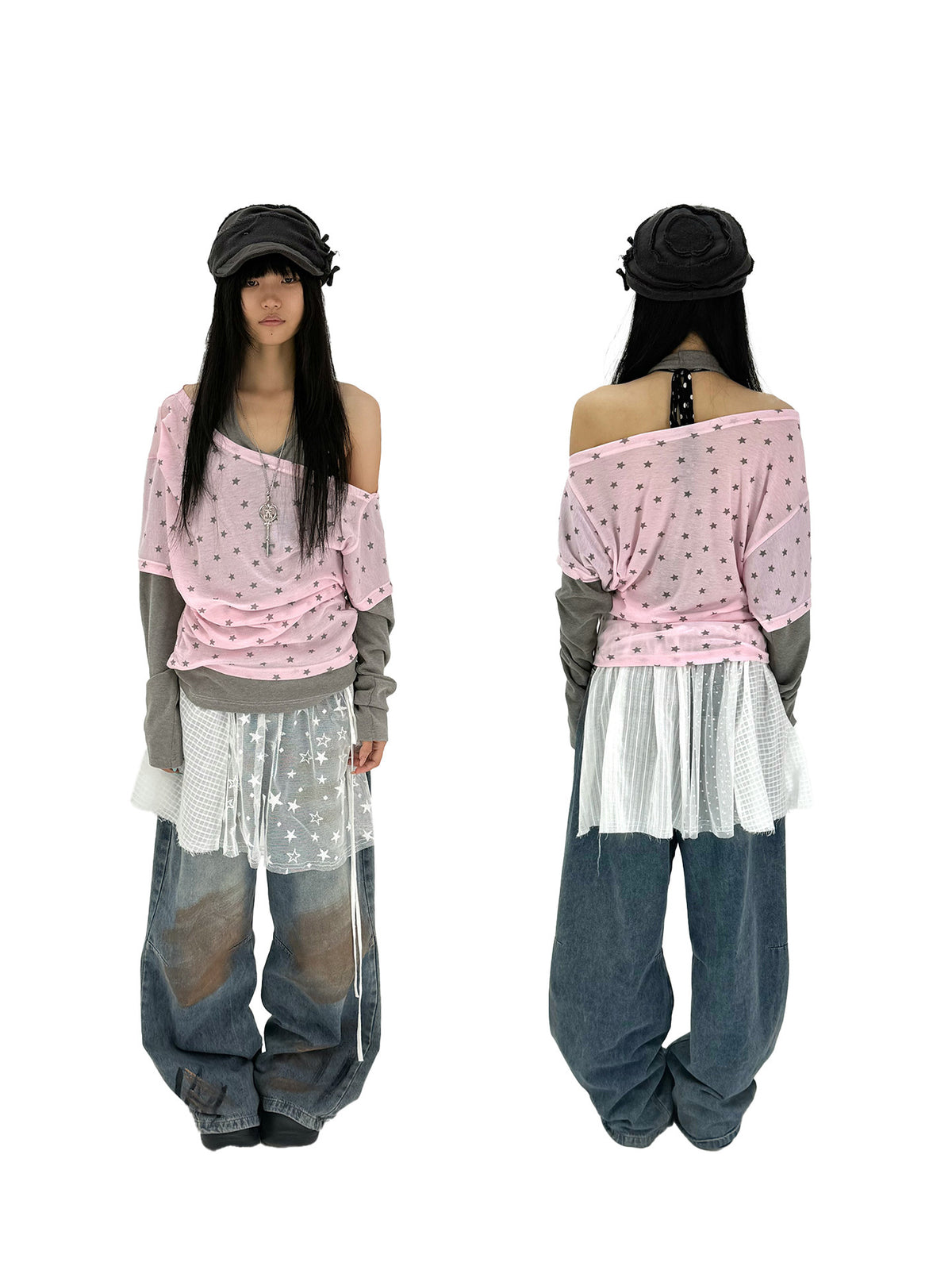 Star Print Faux-Layered Off-Shoulder Long Sleeve Top