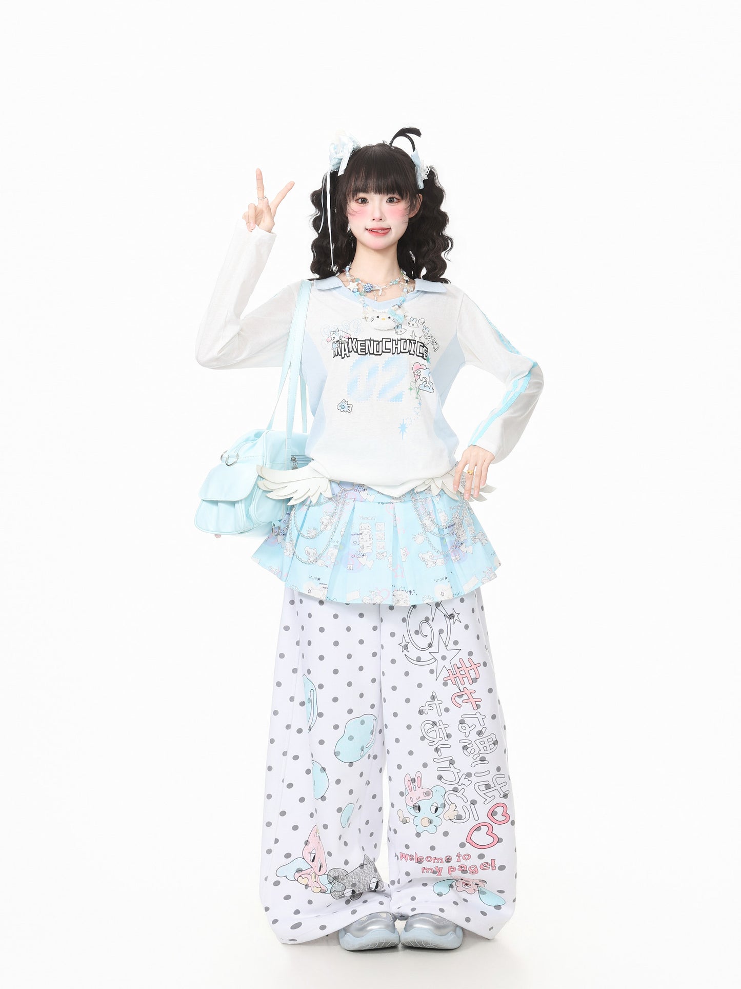 Pastel Doodle Polka Dot Wide-Leg Pants
