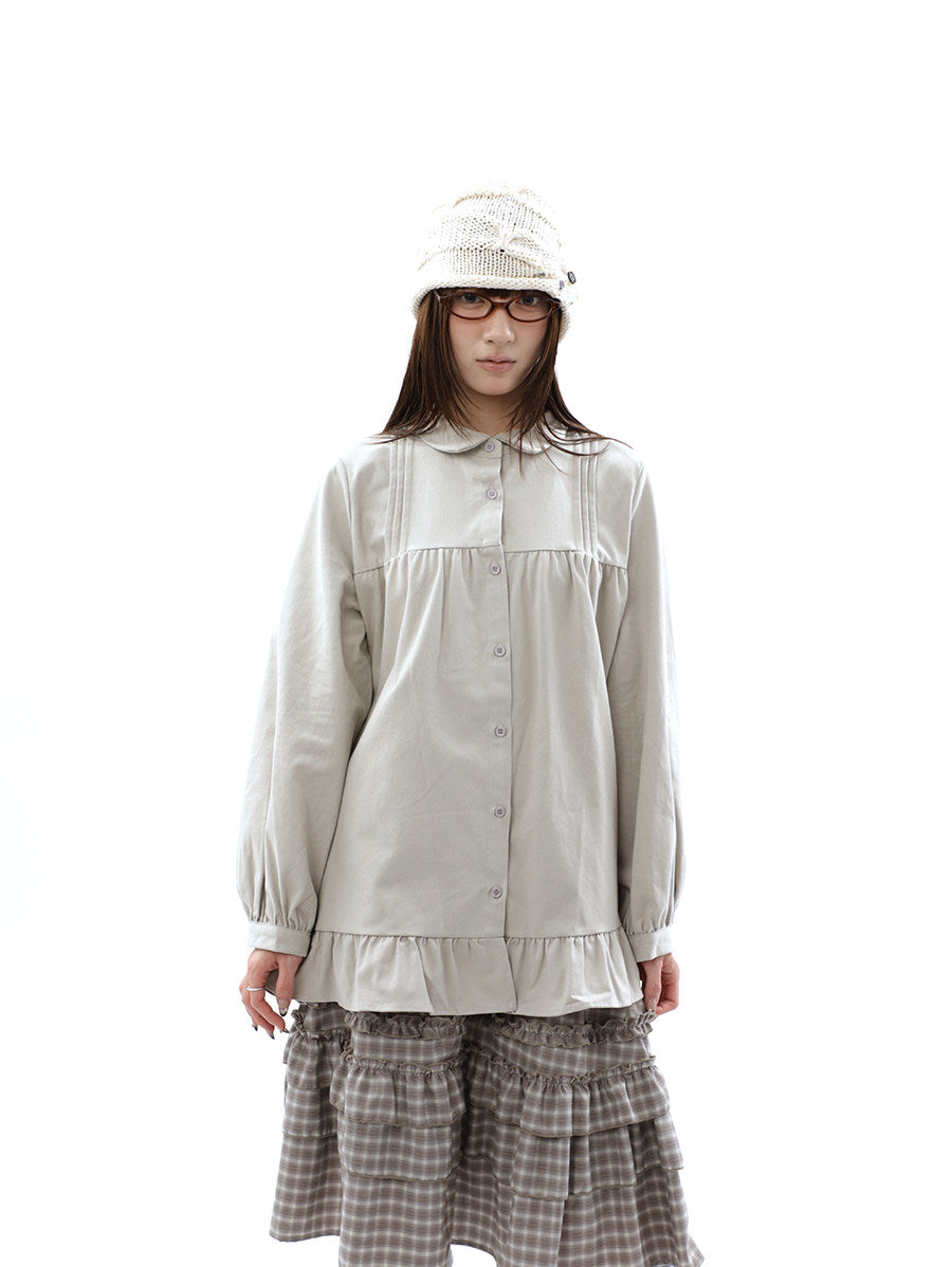 Pleated Ruffle Hem Button-Up Long Sleeve Blouse