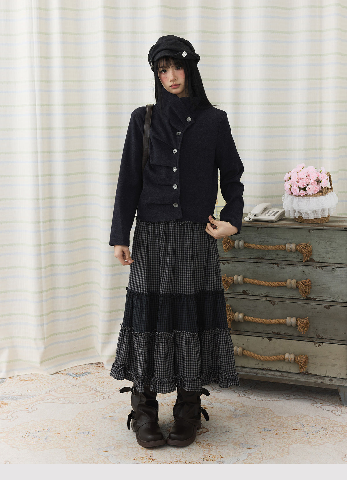 Asymmetric Pleated Collar Cropped Button Jacket