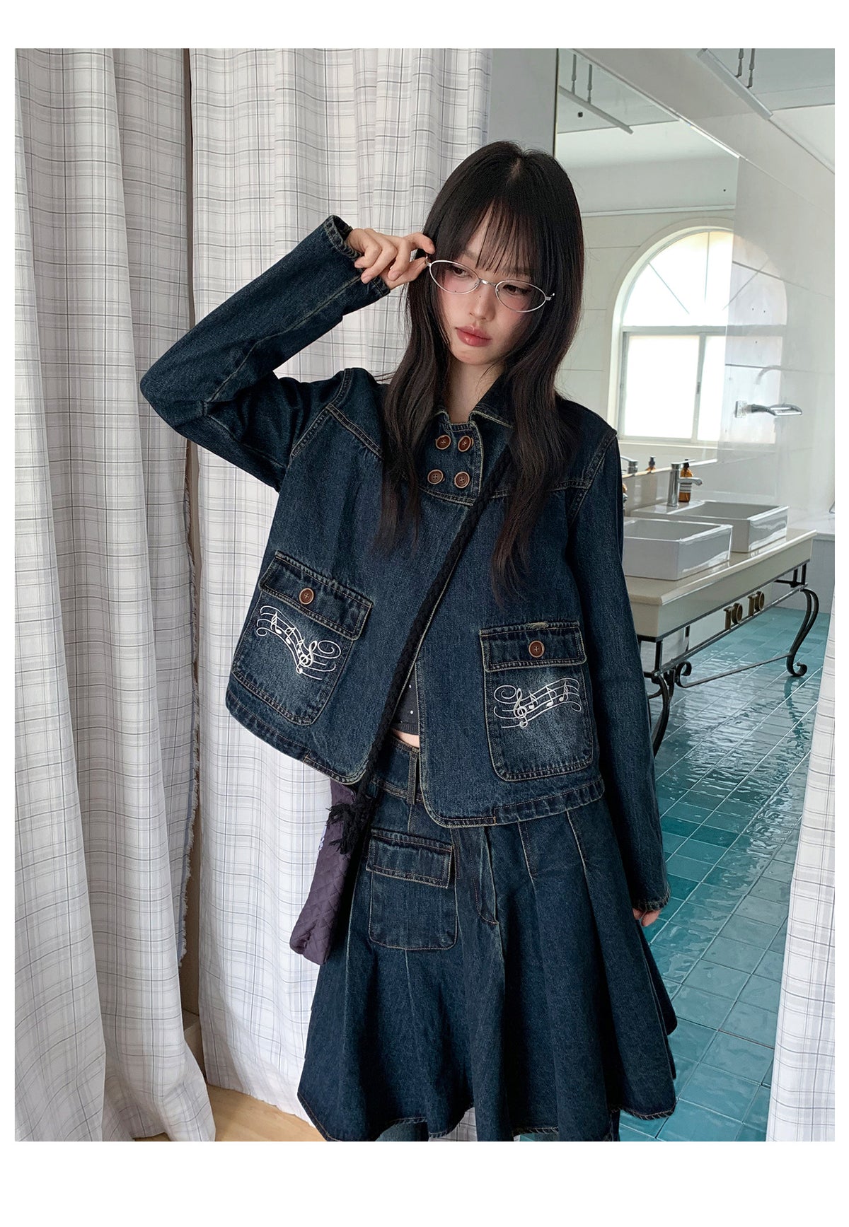 Washed Denim Music-Note Embroidered Jacket