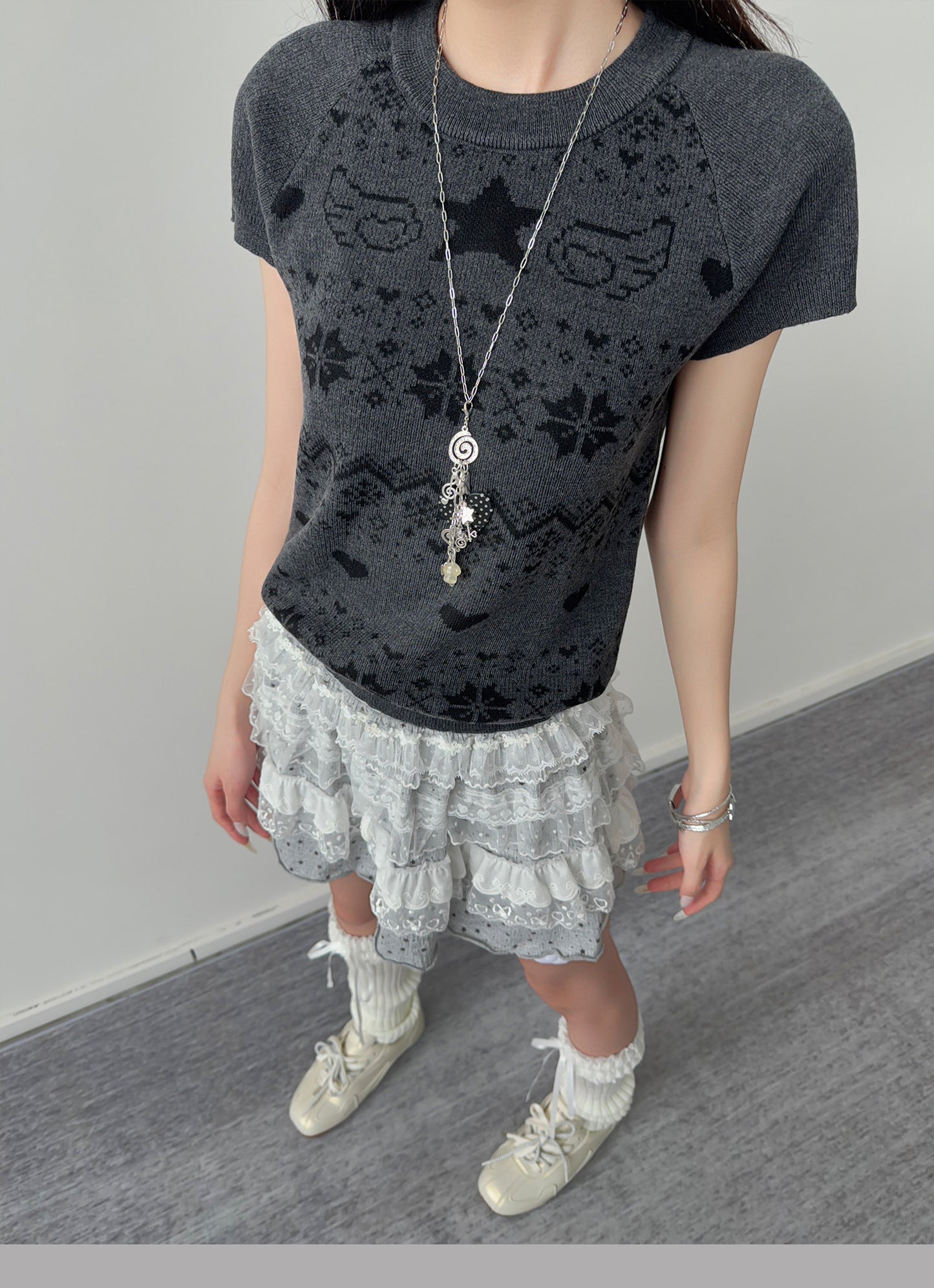 Star Wing Fair Isle Short-Sleeve Knit Top