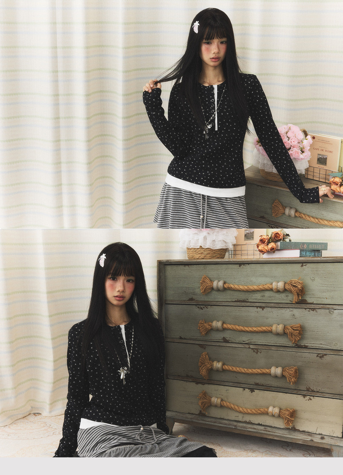 Floral Henley Faux-Layer Long Sleeve Top