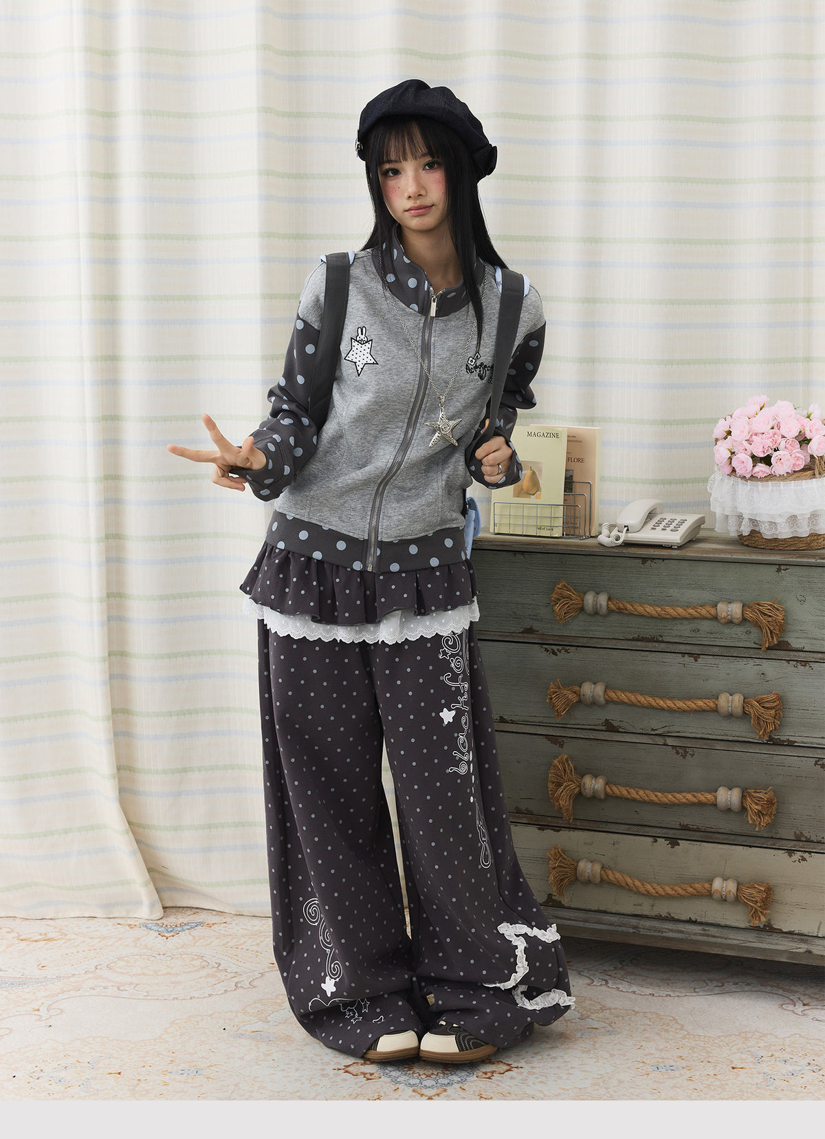 Polka Dot Lace Ruffle-Layer Wide-Leg Pants