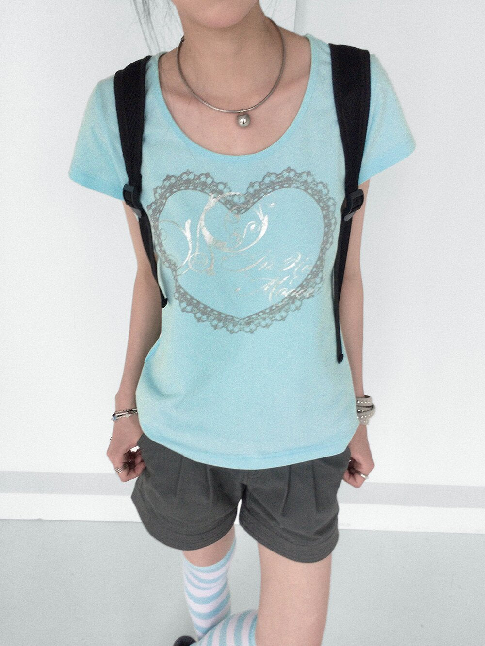 Silver Lace Heart Scoop-Neck Fitted Tee