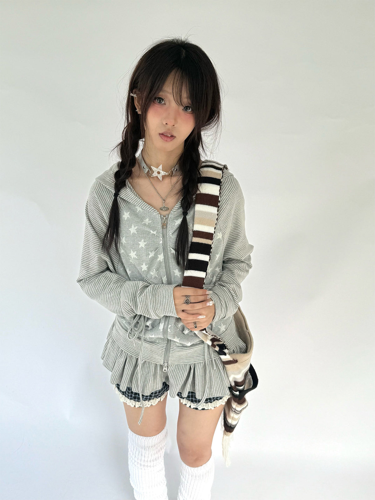 Star Ruffle Drawstring Zip-Up Hoodie