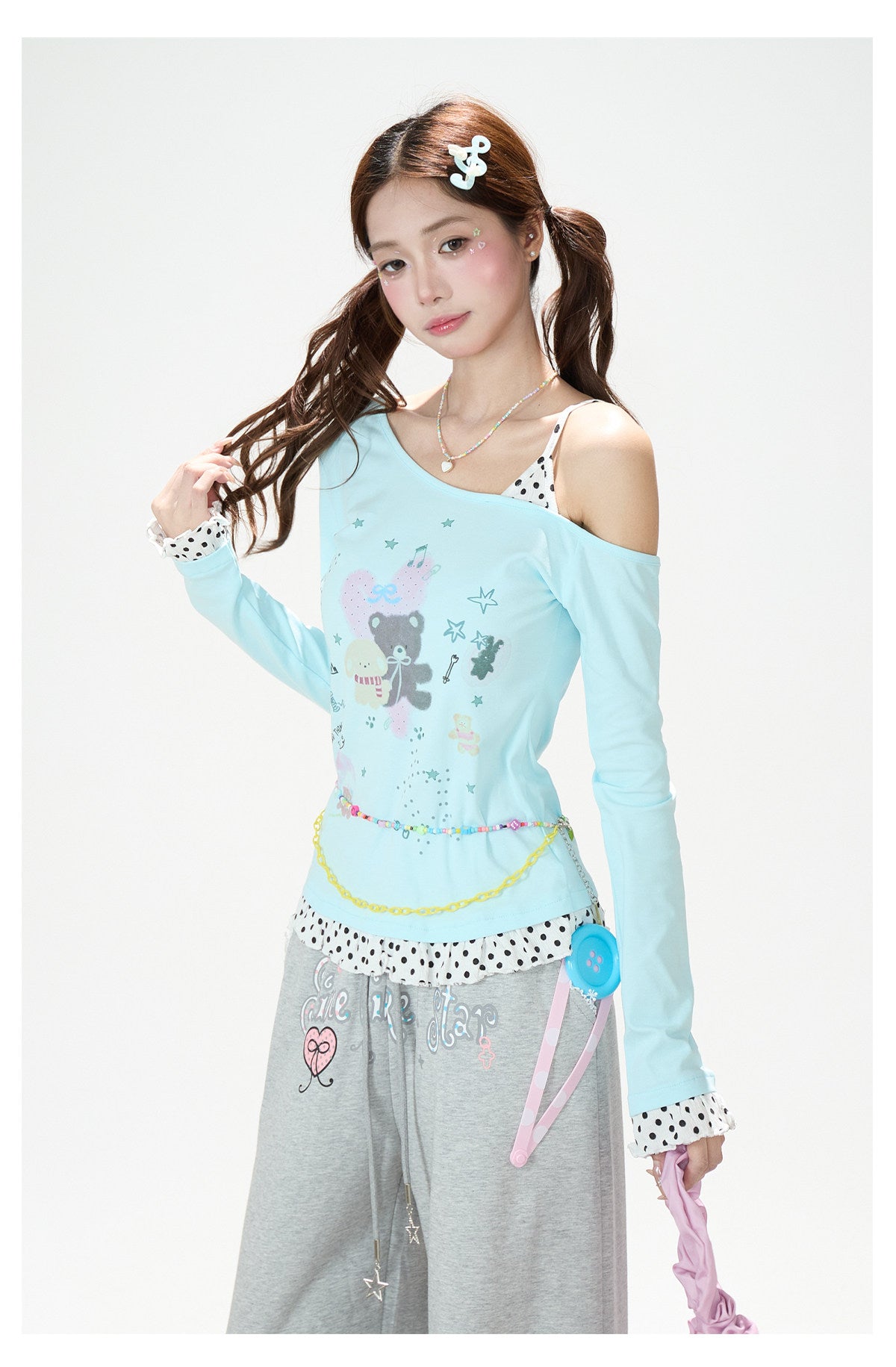 Dreamy Cartoon Off-Shoulder Layered Long Sleeve Top & Polka Dot Wide-Leg Pants