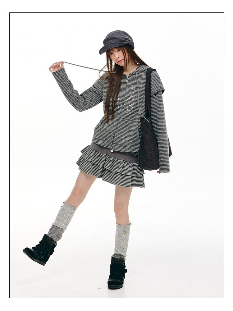 Charcoal Stripe Music Note Faux-Layer Zip Hoodie