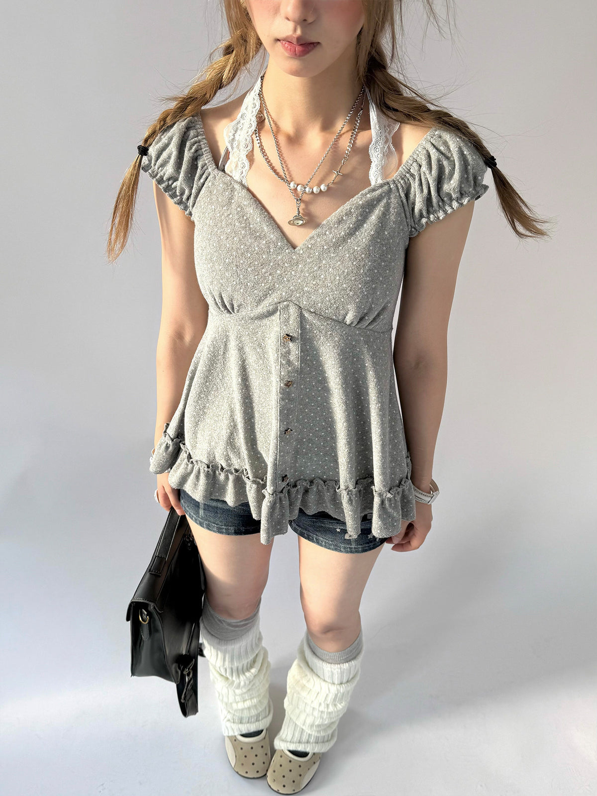 Polka Dot Lace Halter Ruffle Tee