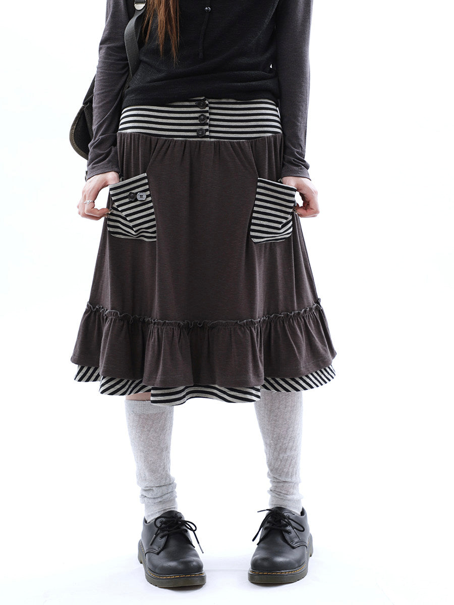 Striped Pocket Ruffle Layered Midi Skirt