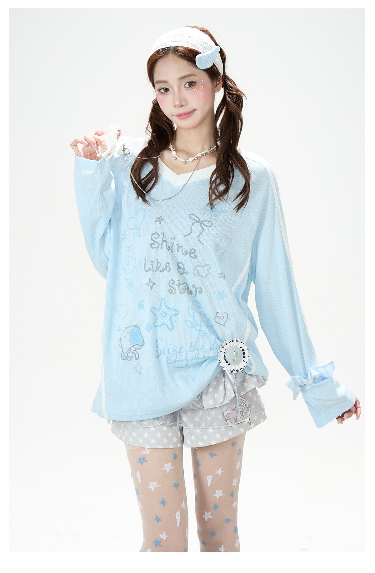 Dreamy Doodle V-Neck Long Sleeve Top & Polka Dot Tiered Ruffle Skirt