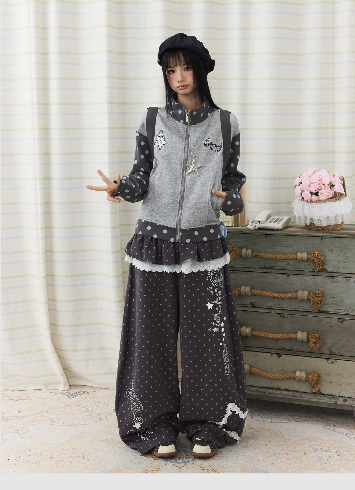 Polka Dot Contrast Embroidered Zip-Up Jacket