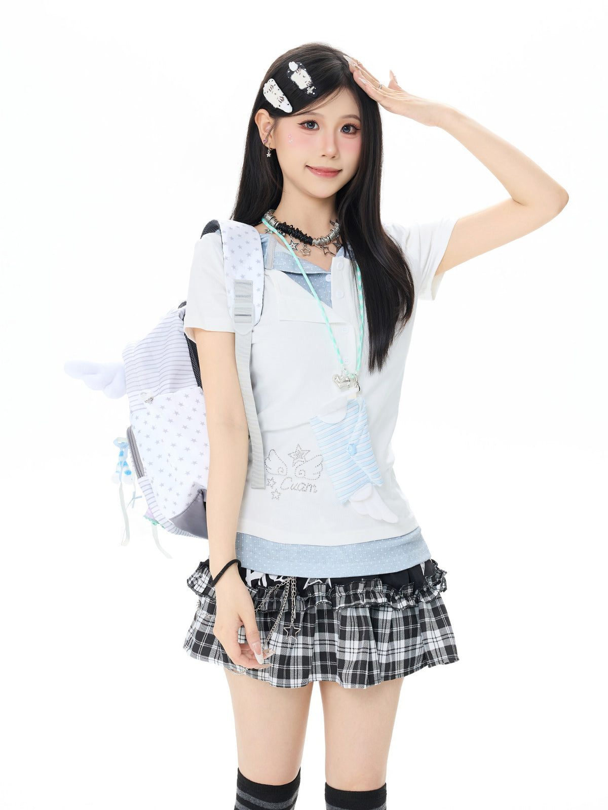 Starry Rhinestone Polka Dot Layered Hood Tee