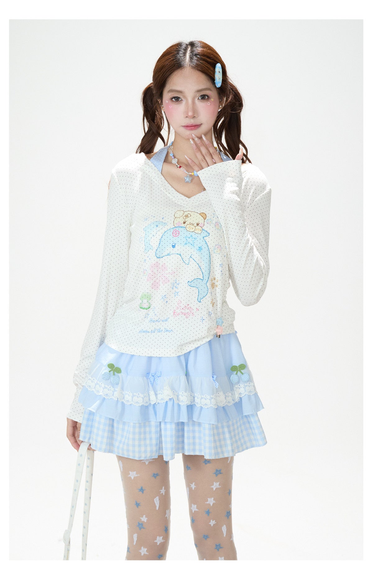 Dreamy Dolphin Polka-Dot V-Neck Long Sleeve Top & Gingham Ruffle Mini Skirt