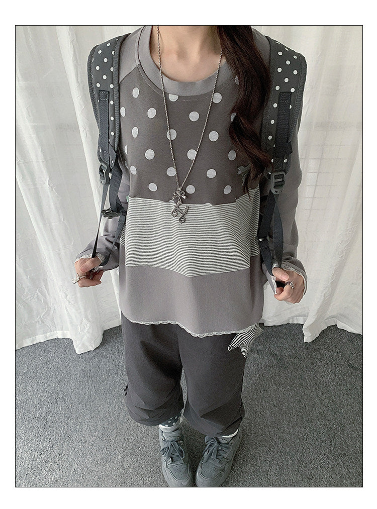 Polka Dot Stripe Lace-Trim Patchwork Long Sleeve Top