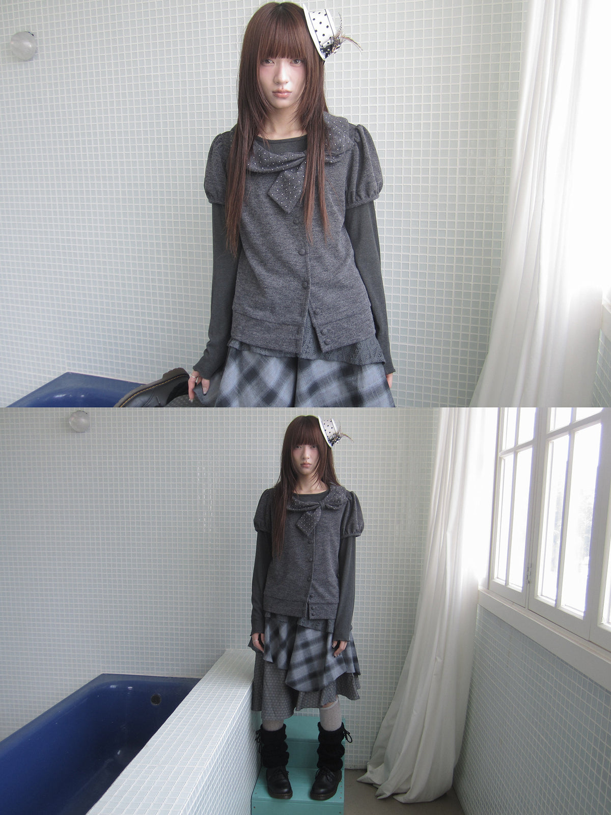 Polka Dot Bow Knit Top & Long Sleeve Two-Piece Set