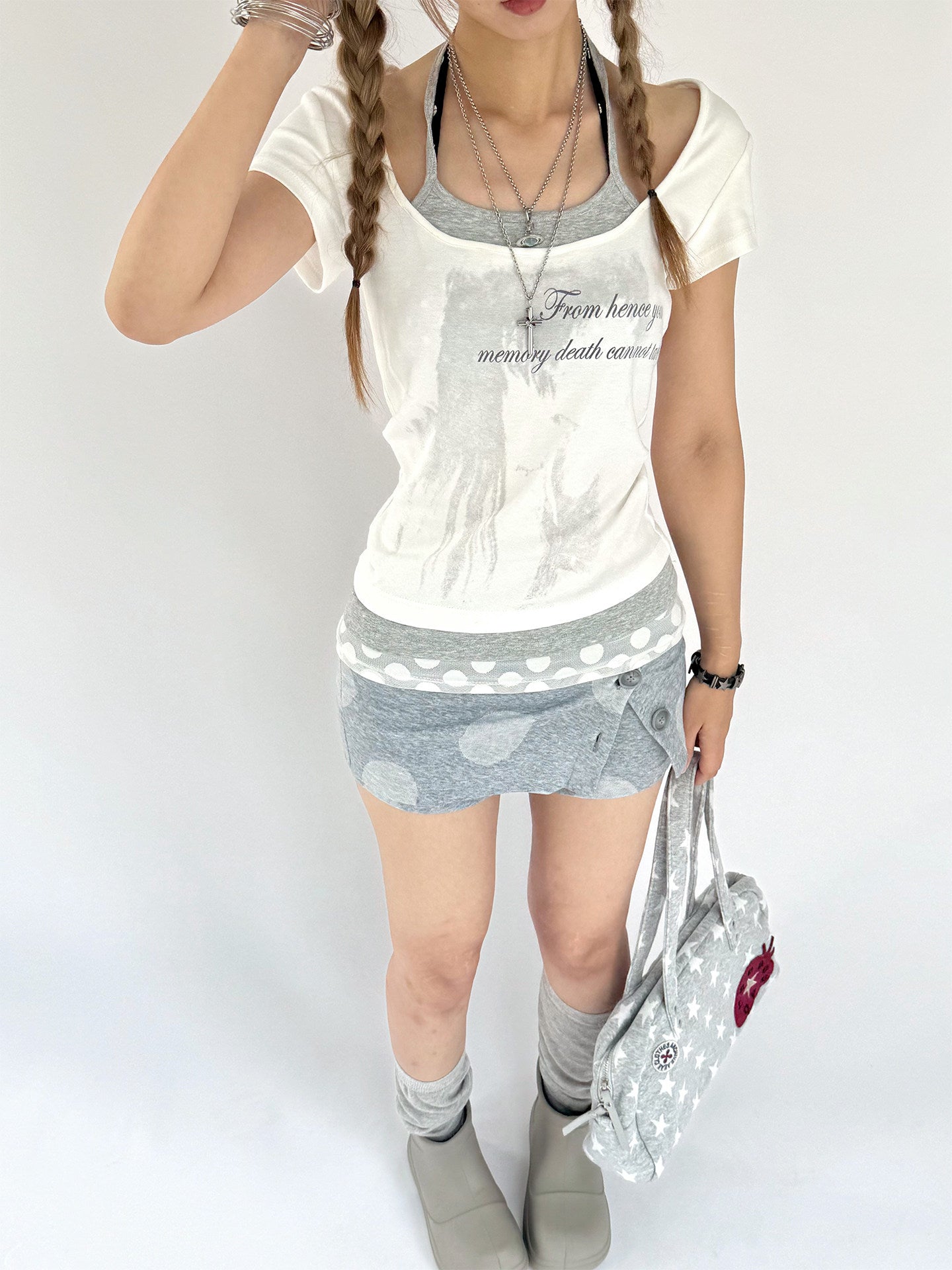 White Gardenia Faux-Layer Halter Graphic Tee