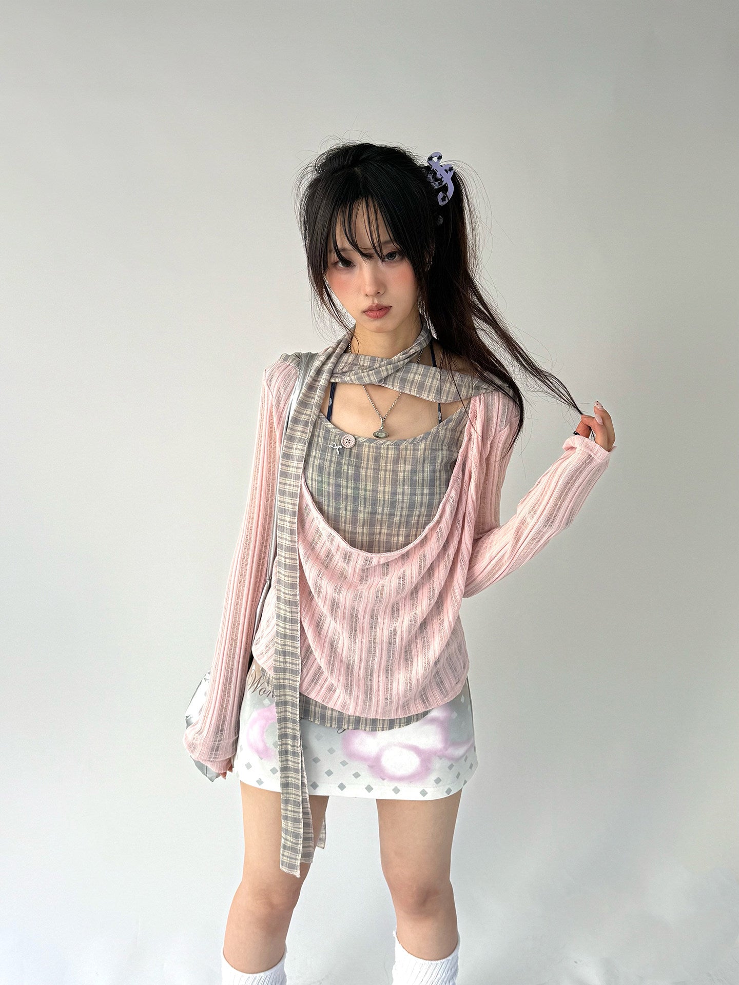 Dusty Pink Plaid Cowl-Neck Layered Top