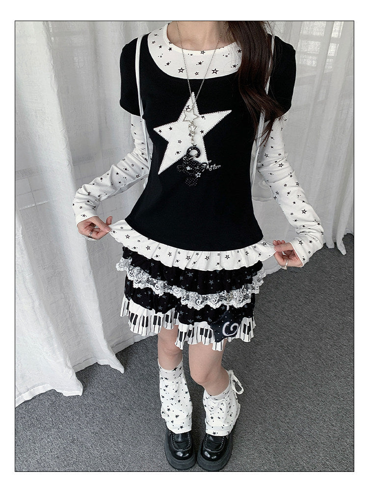 Star Appliqué Layered Long Sleeve Top