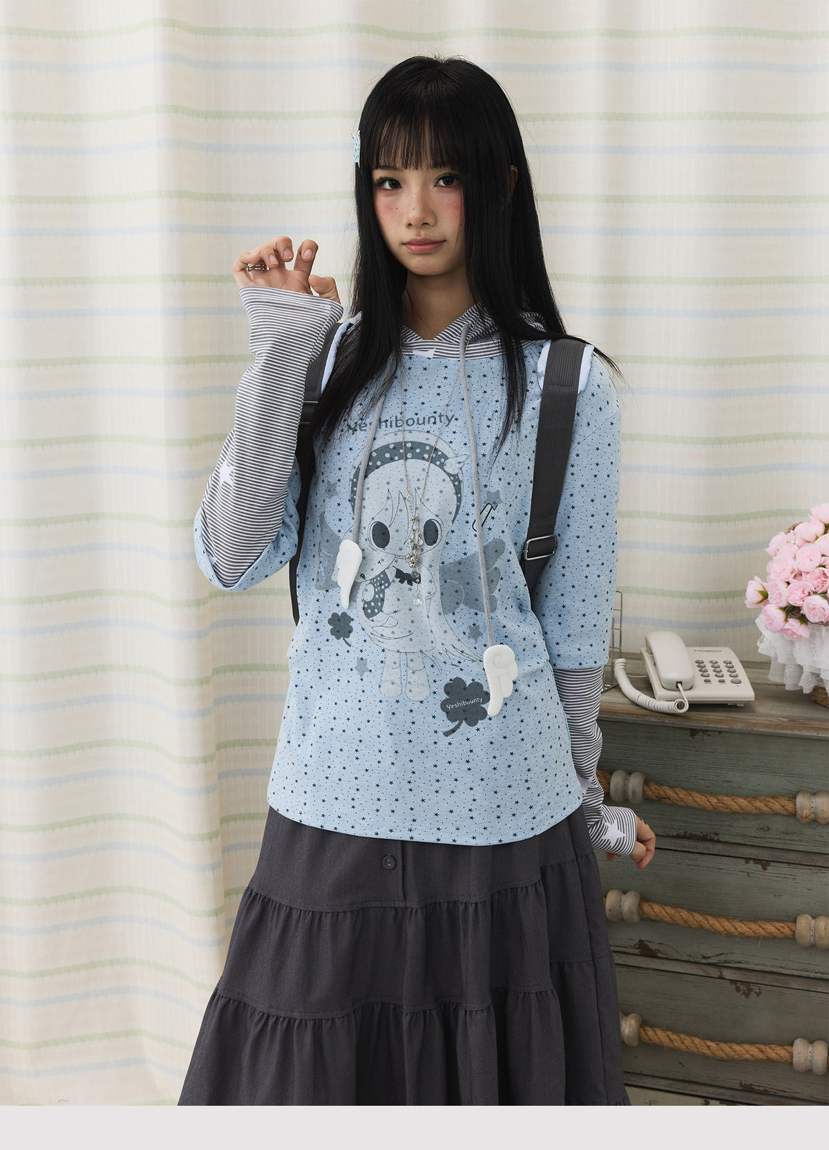 Cartoon Star Print Faux-Layer Hooded Top