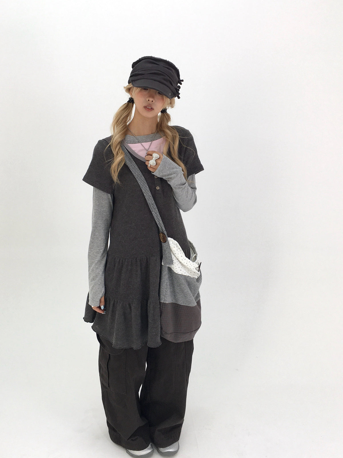Washed Gray Tea Wide-Leg Cargo Pants