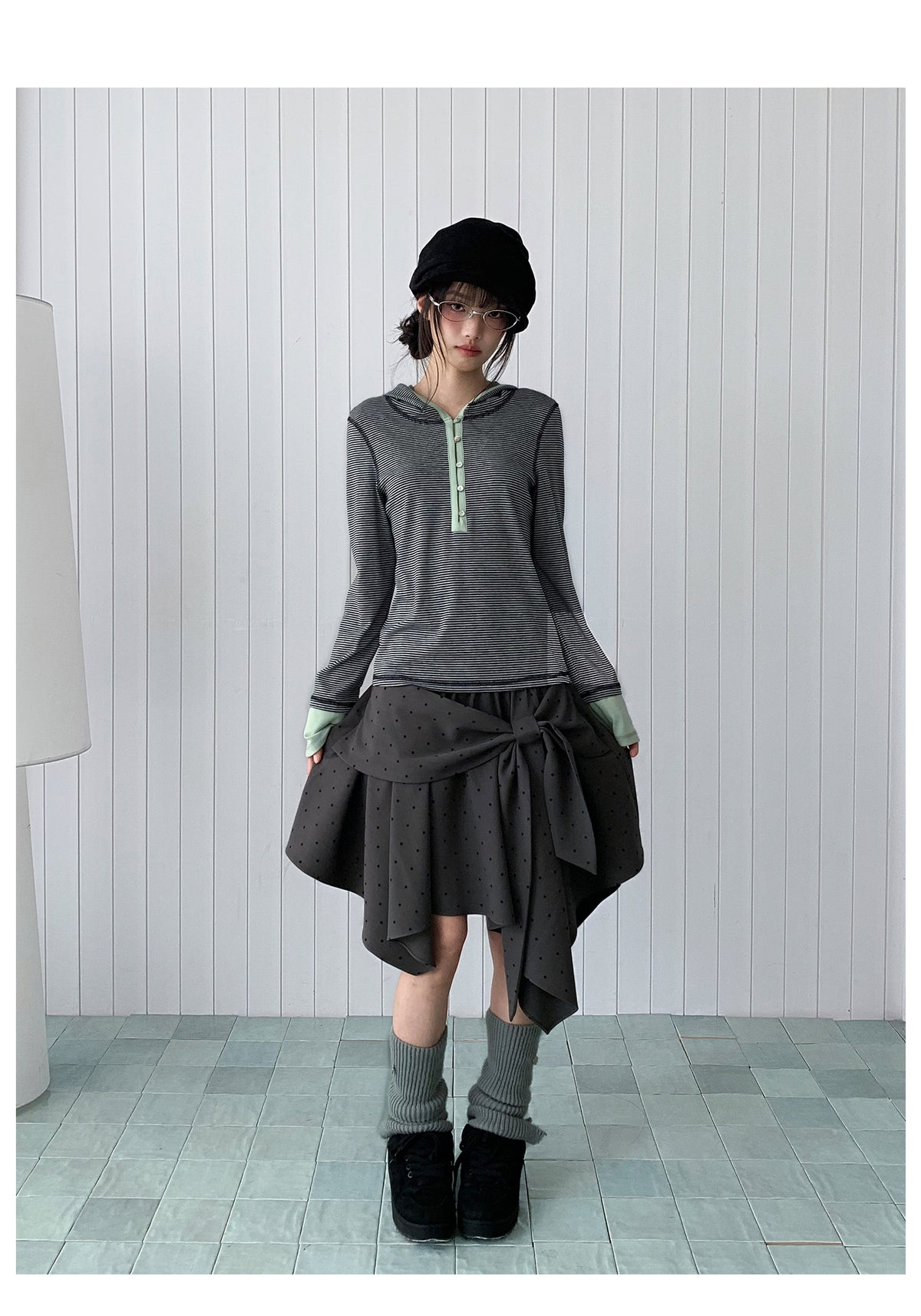 Blue-Gray Stripe Contrast Hooded Long Sleeve Top