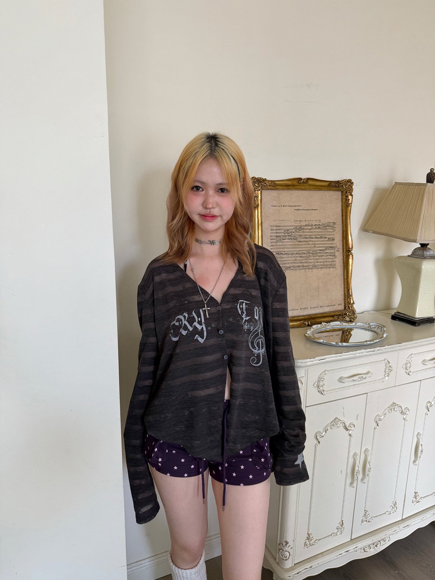 Smoky Brown Sheer Music Star Cardigan