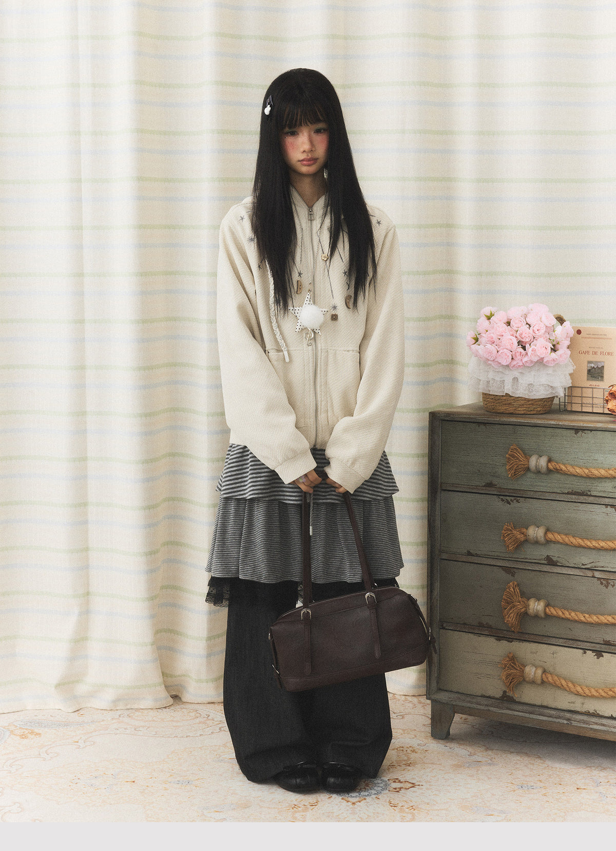 Star & Moon Embroidered Zip-Up Hoodie