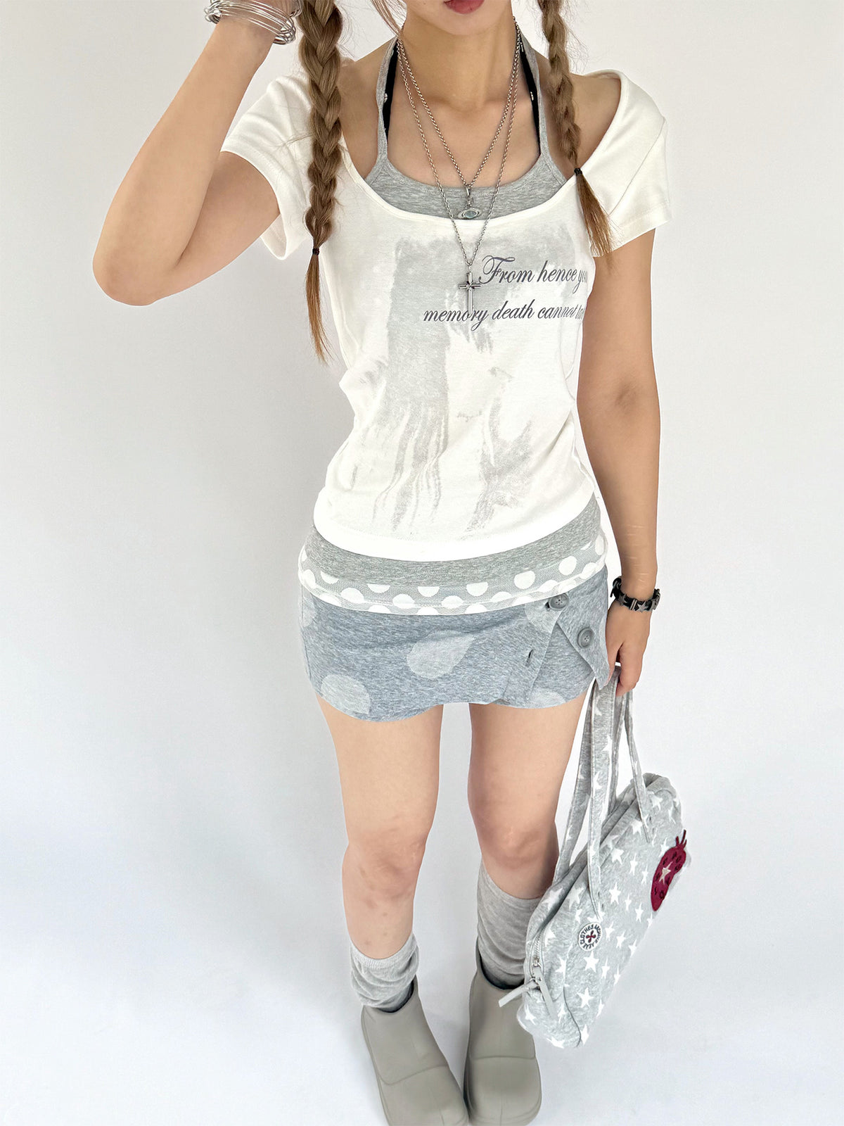 Halter-Layered Graphic Short Sleeve Top