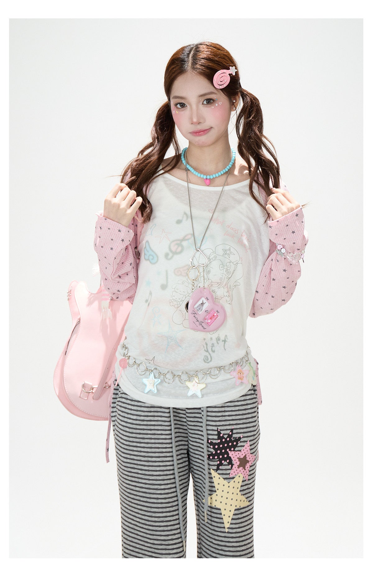 Dreamy Star Raglan Long Sleeve Top & Gray Striped Star Flare Pants