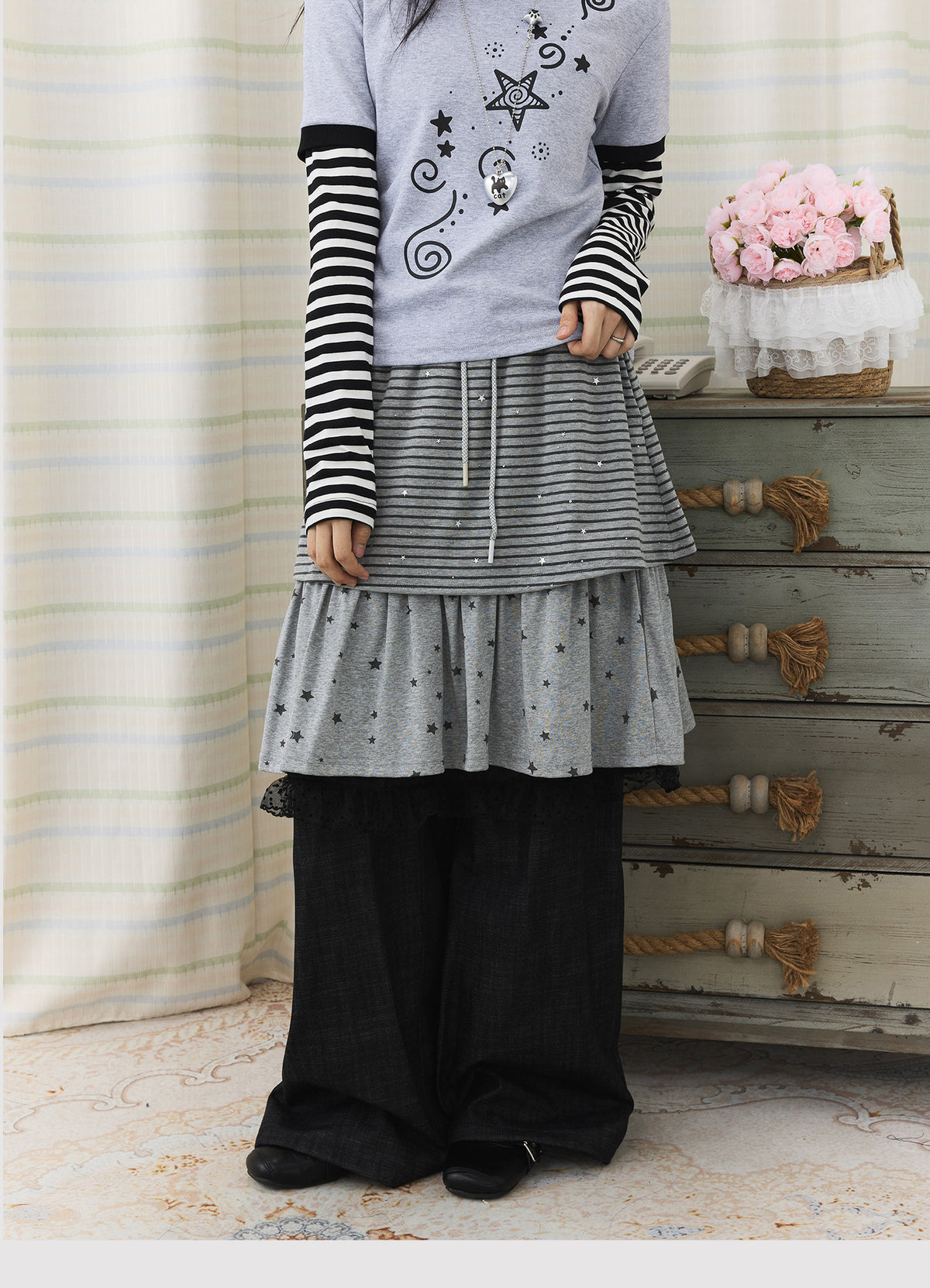 Star Stripe Layered Skirt Wide-Leg Pants