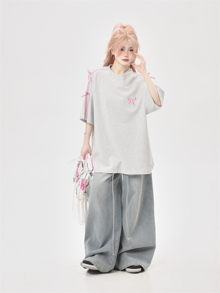 Ribbon Embroidery Side-Stripe Tee — Oversized