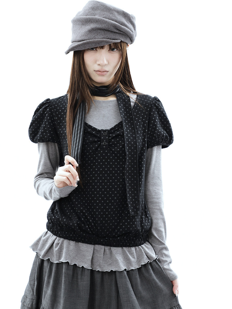Polka Dot Layered Two-Piece Top Set with Scarf