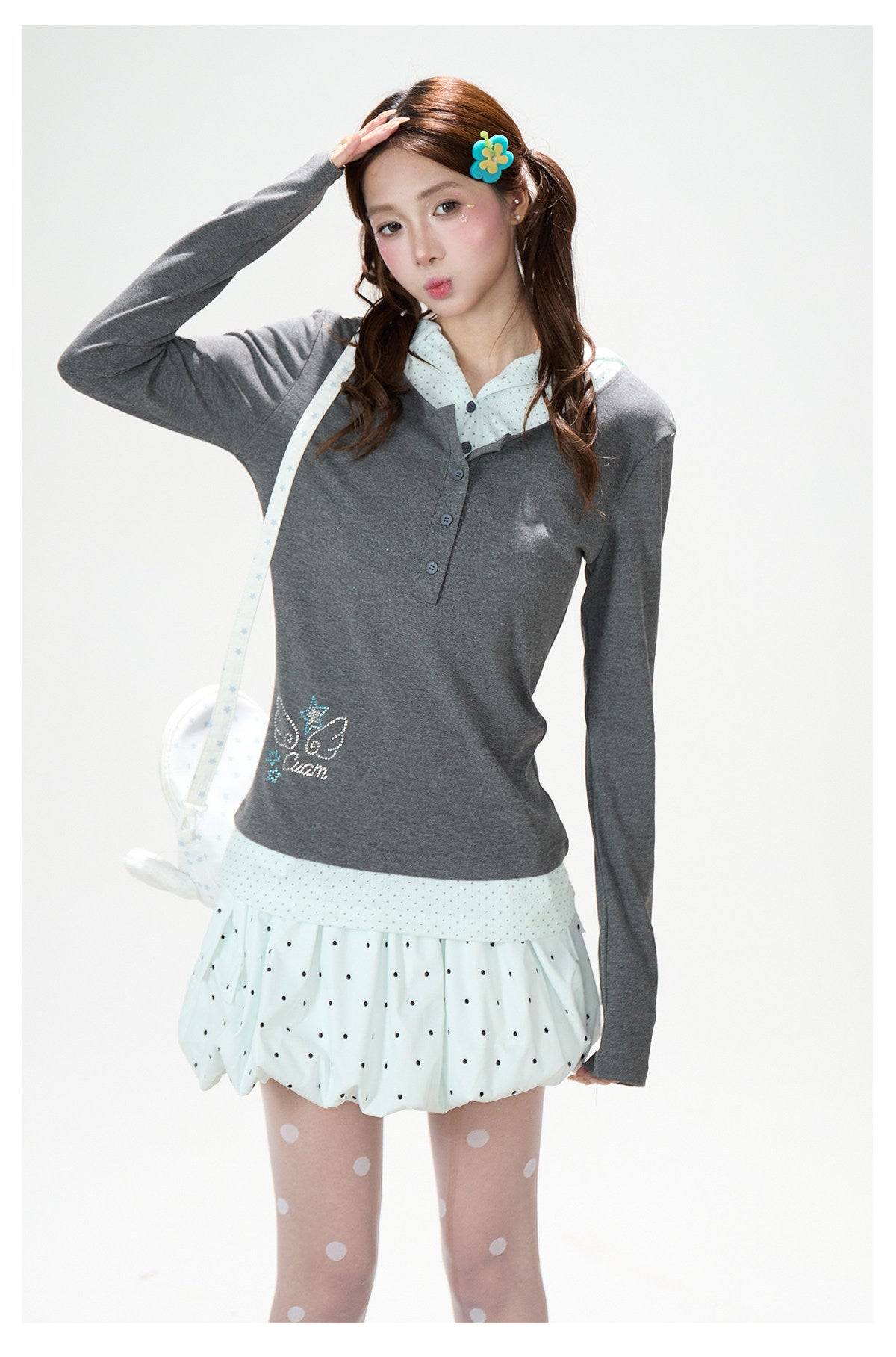 Polka Dot Layered Hooded Long Sleeve Top & Lace-Trim Bubble Mini Skirt