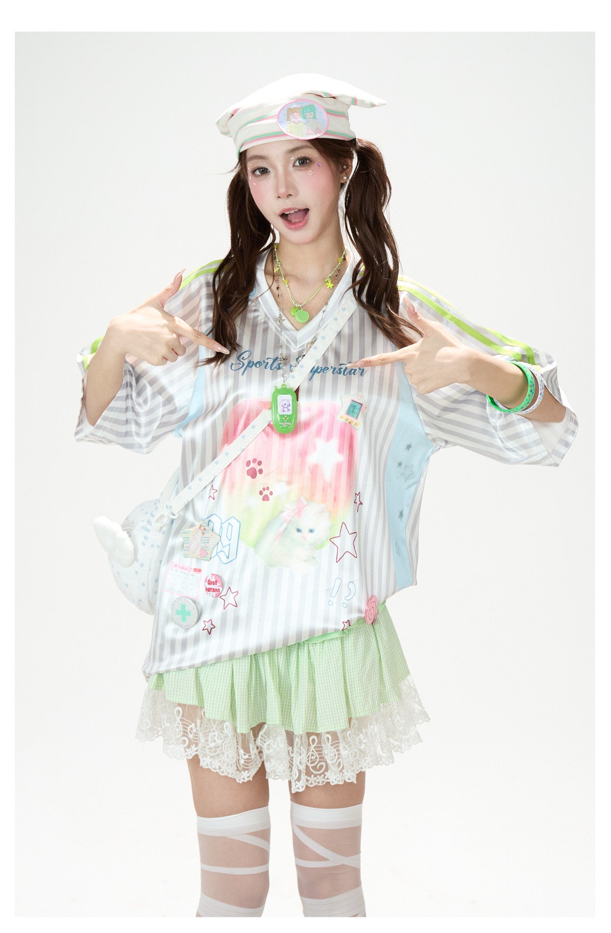 Striped Kitty Graphic V-Neck Tee & Layered Gingham Ruffle Skirt