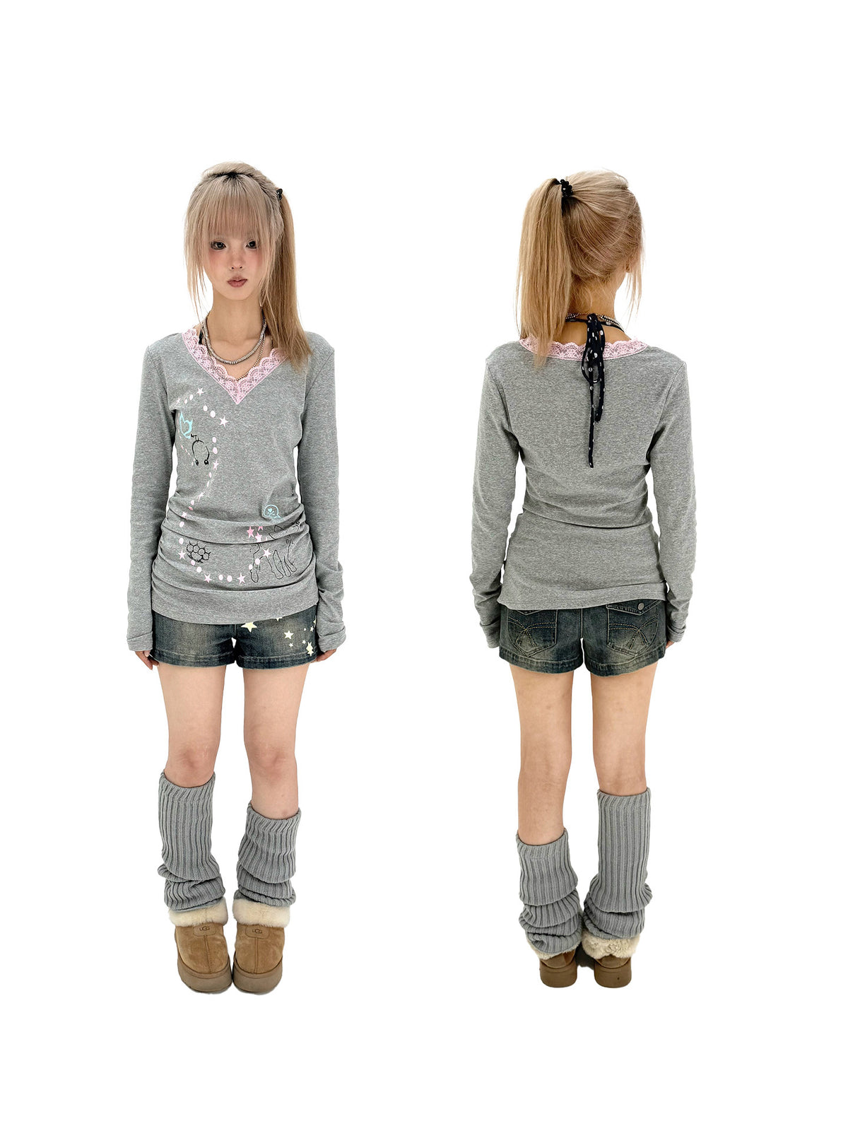 Lace-Trim V-Neck Graphic Long Sleeve Top