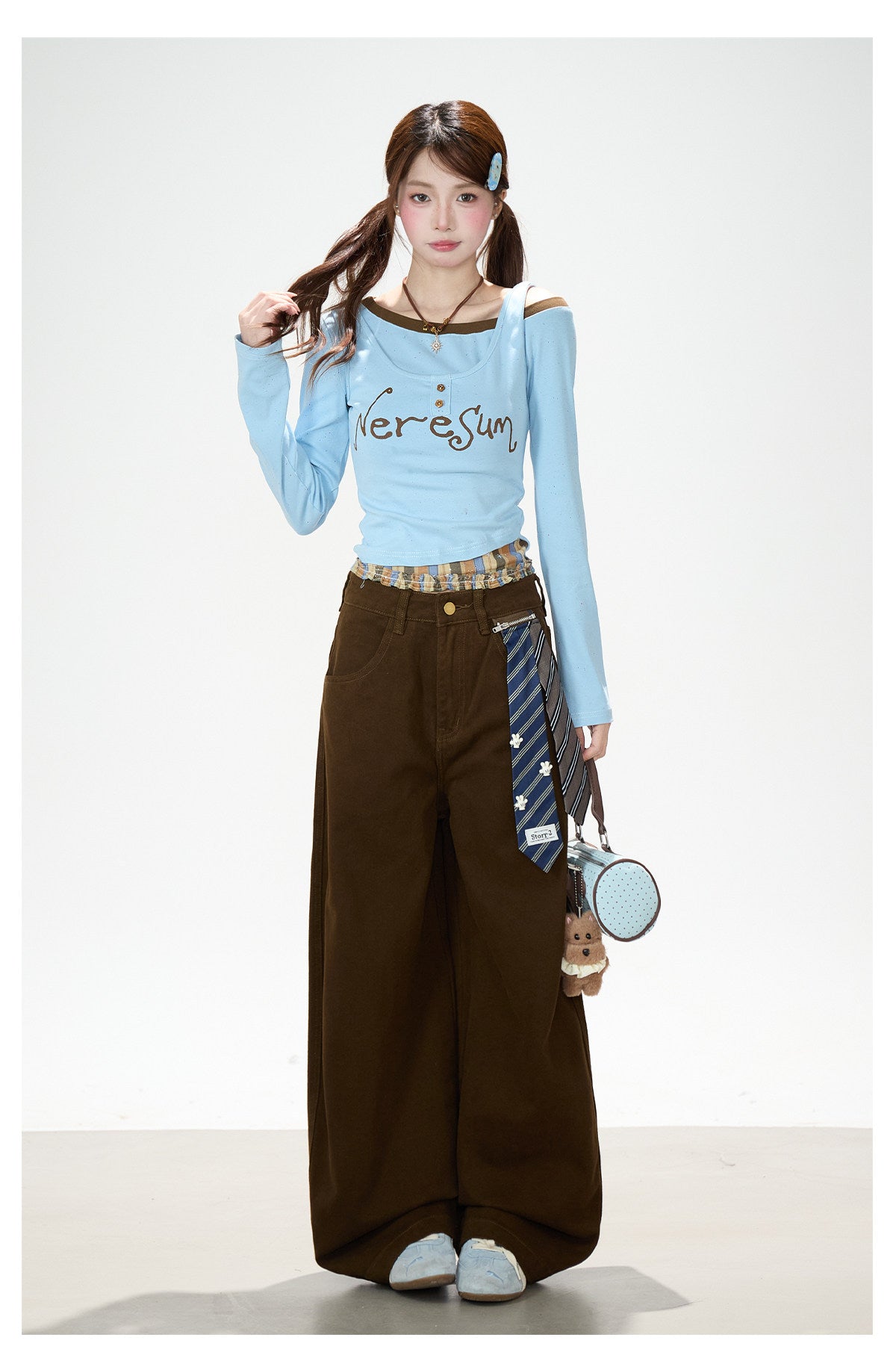 Letter Print Layered Long Sleeve Top & Star Patch Wide-Leg Jeans