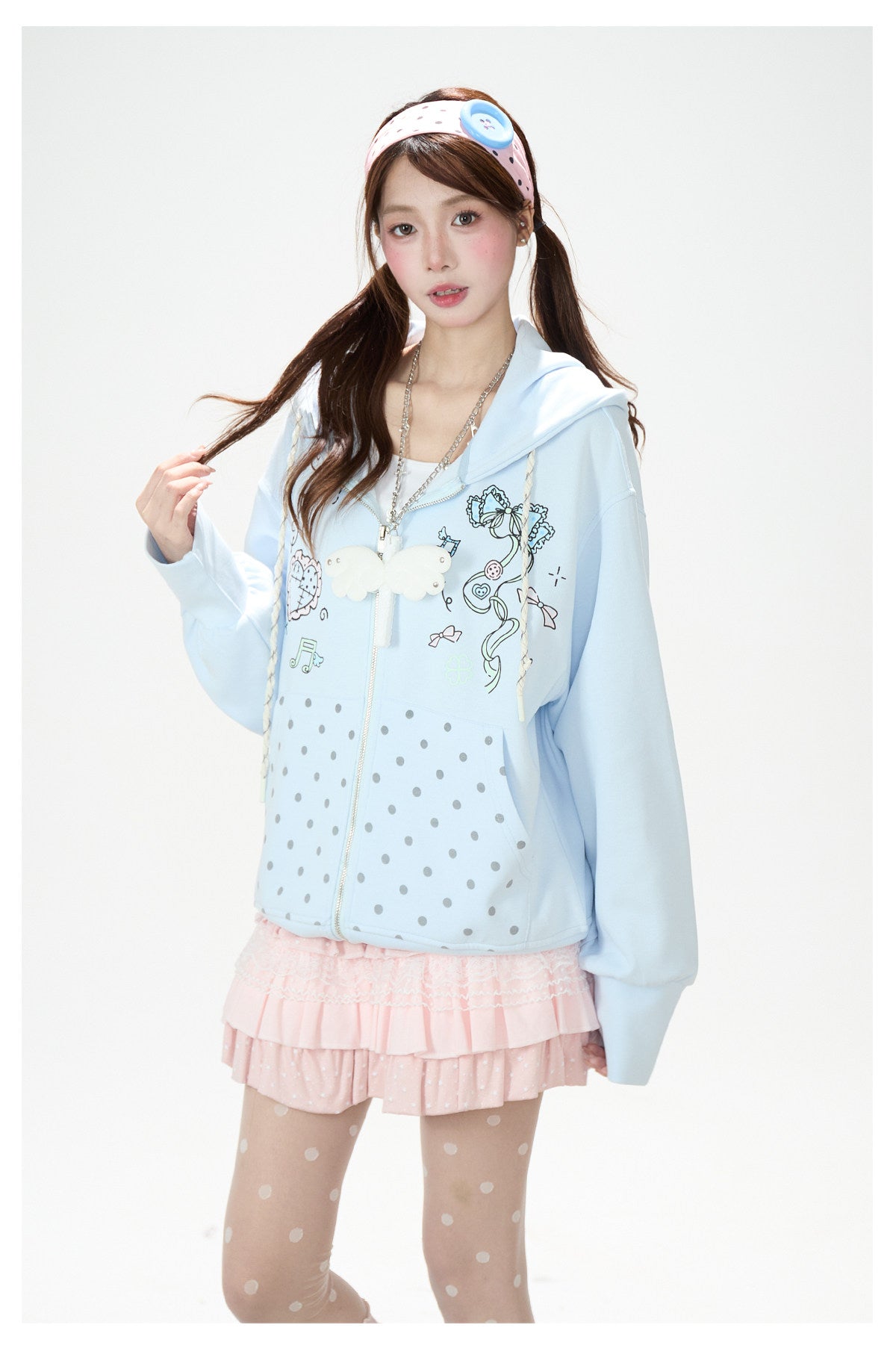 Hand-Drawn Polka-Dot Zip-Up Hoodie & Pink Ruffle Mini Skirt