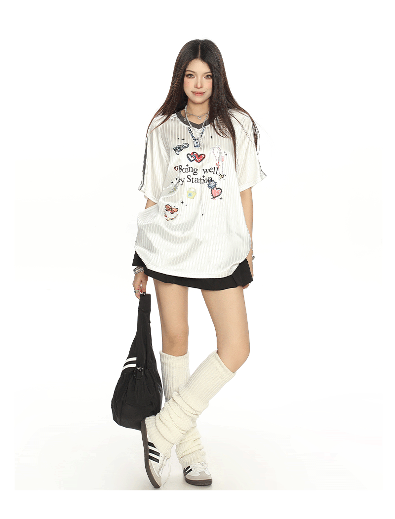 „Doing Well“ Grafik-Trikot-T-Shirt｜Americana Girly V-Ausschnitt Kurzarm gestreift