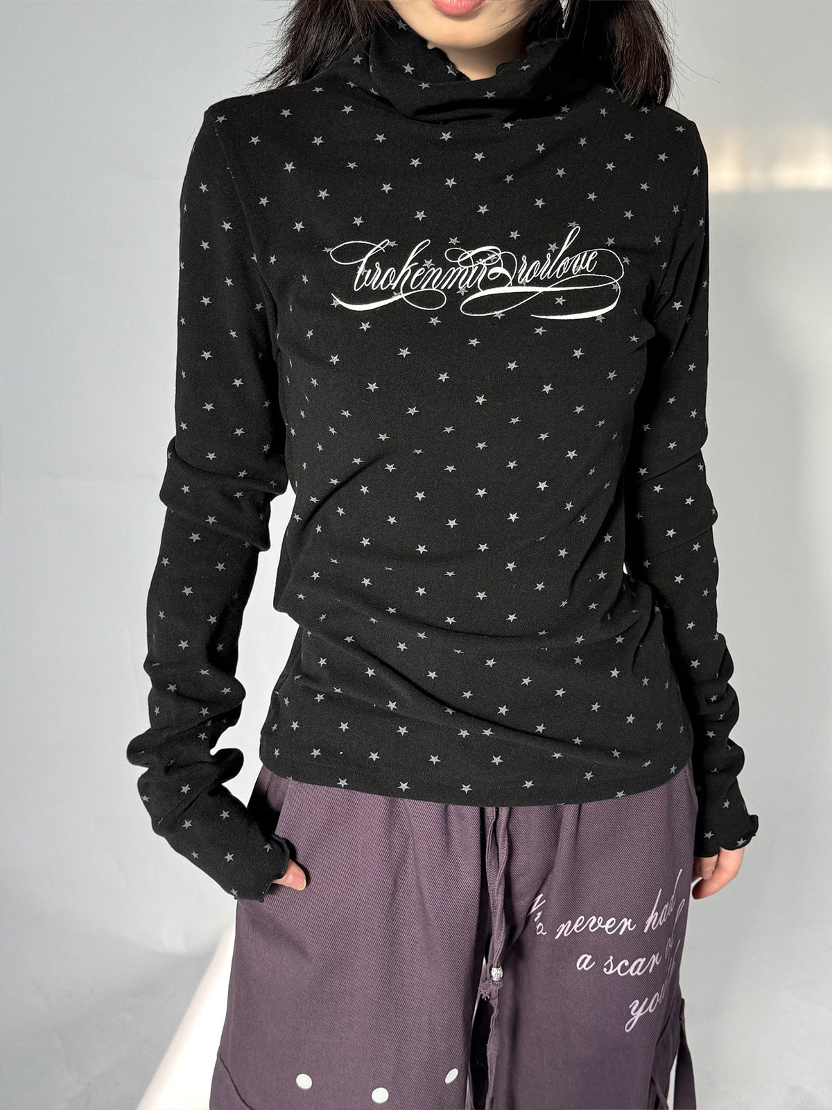 Star Print Mock Neck Thermal Long Sleeve Top