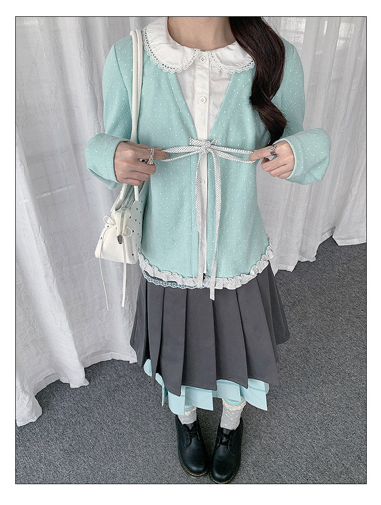 Polka Dot Lace-Collar Layered Tie Long Sleeve Top