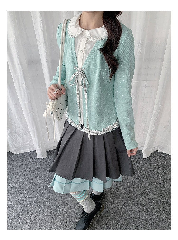 Polka Dot Lace-Collar Layered Tie Long Sleeve Top