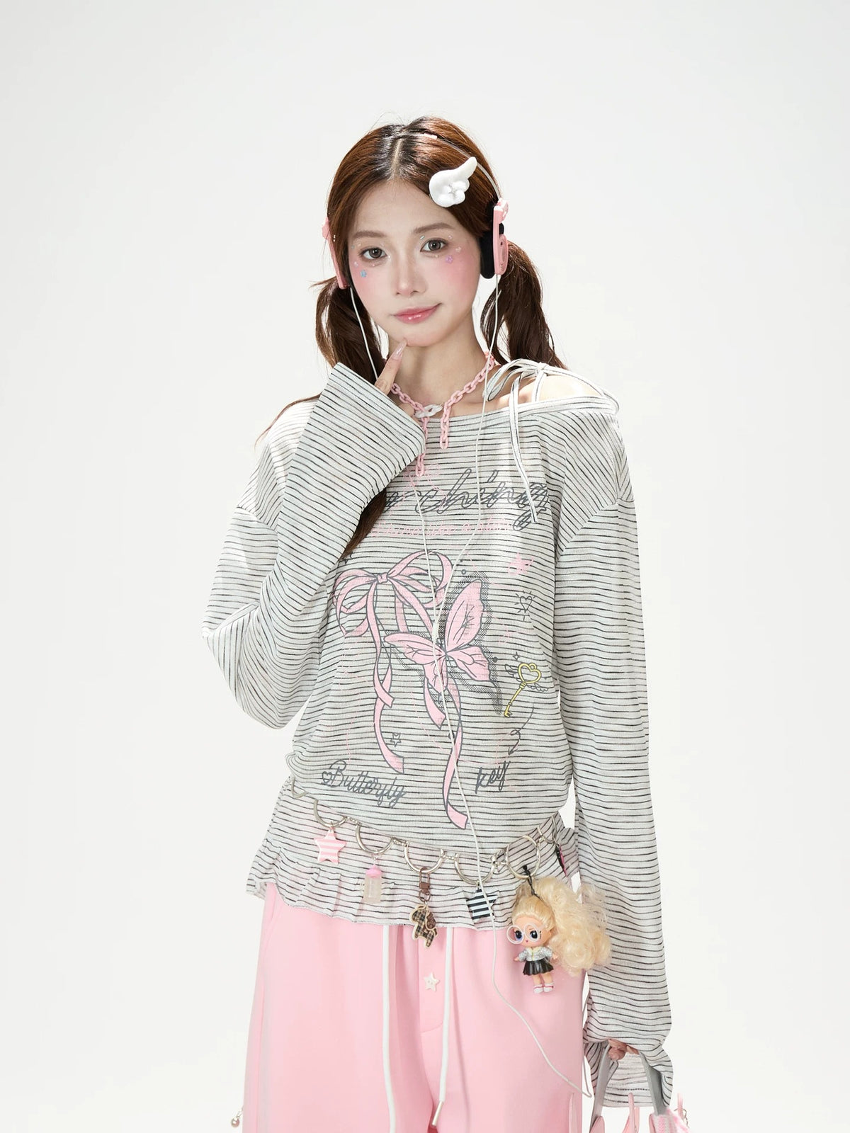 Bow Stripe Off-Shoulder Long Sleeve Top & Pink Wide-Leg Pants