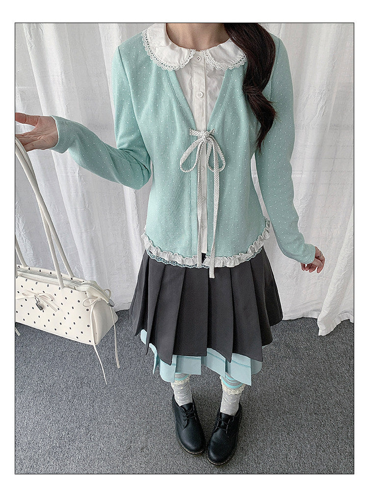 Polka Dot Lace-Collar Layered Tie Long Sleeve Top