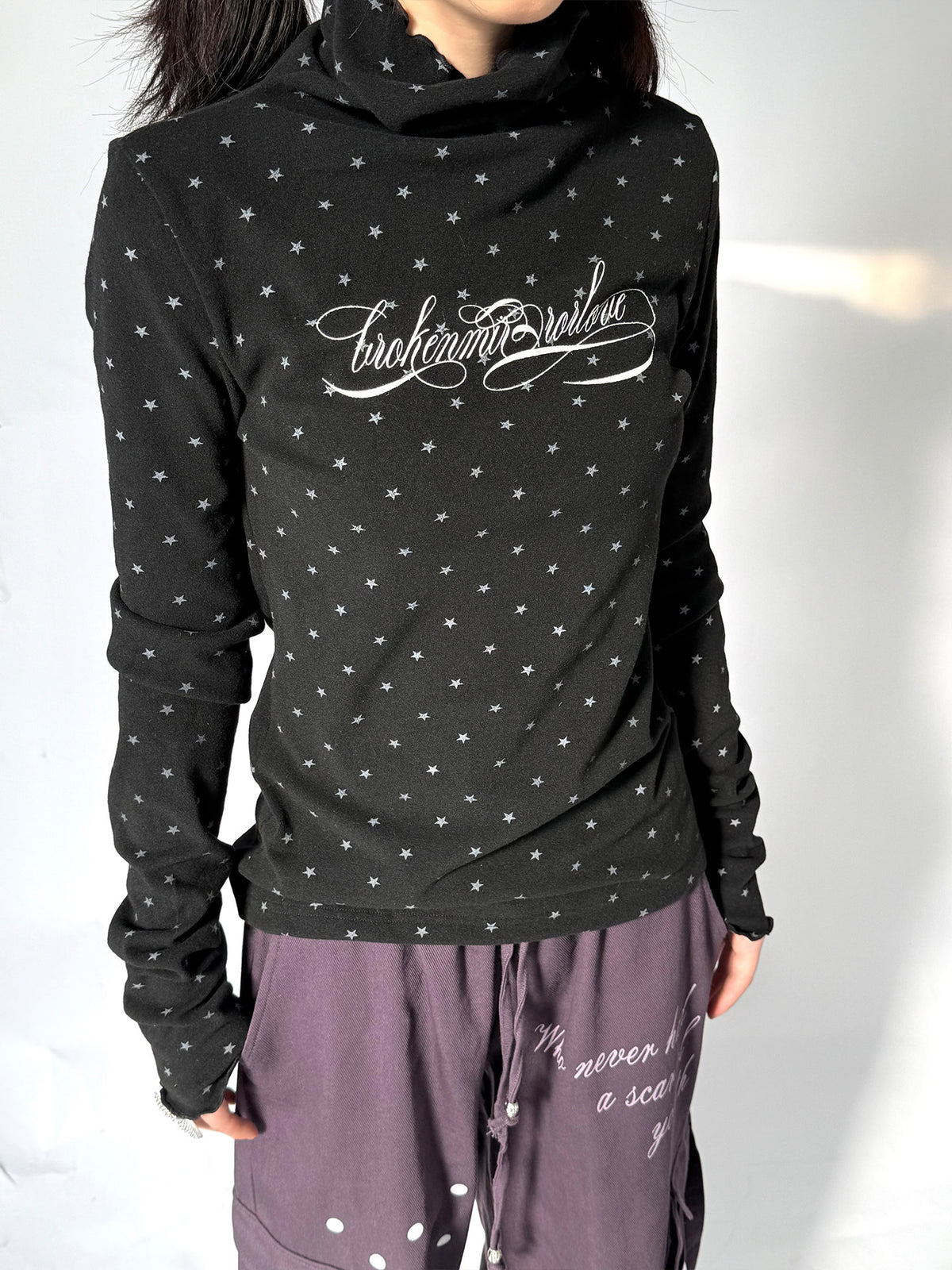 Star Print Mock Neck Thermal Long Sleeve Top