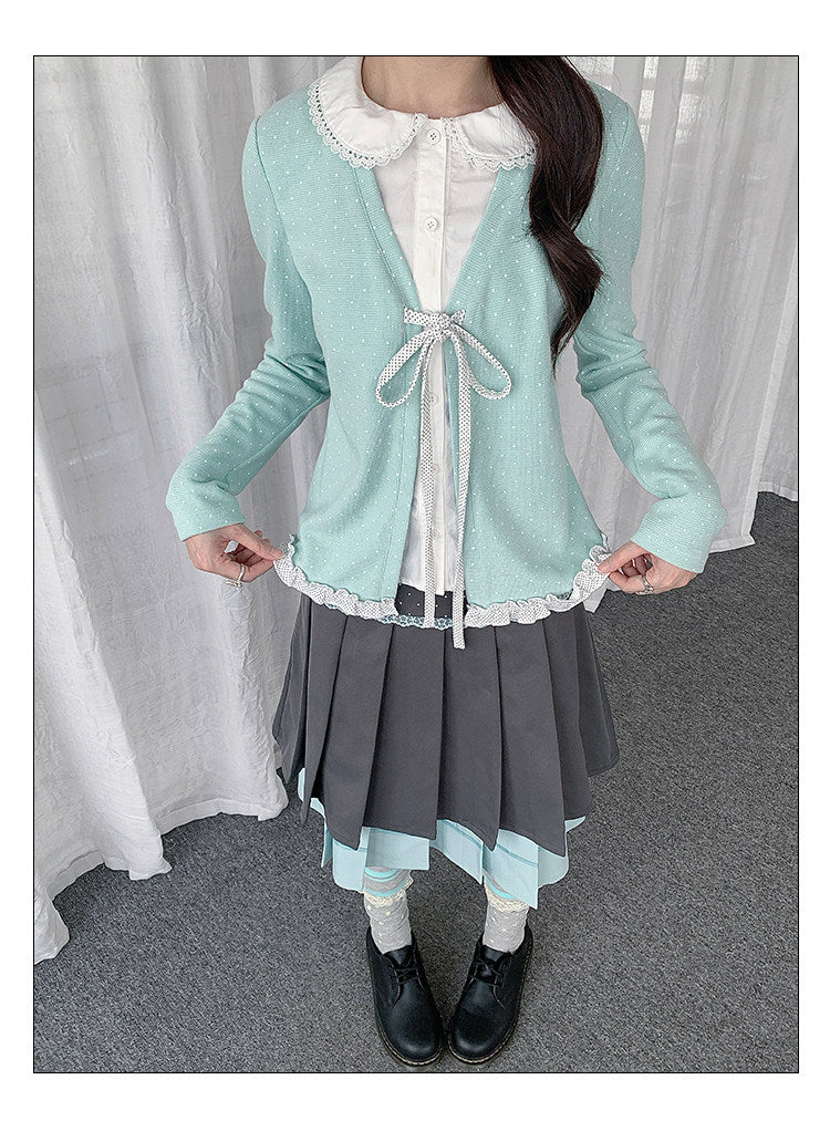 Polka Dot Lace-Collar Layered Tie Long Sleeve Top