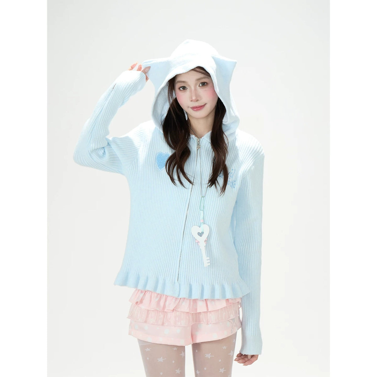Cat-Ear Hooded Knit Zip Cardigan & Pink Ruffle Shorts