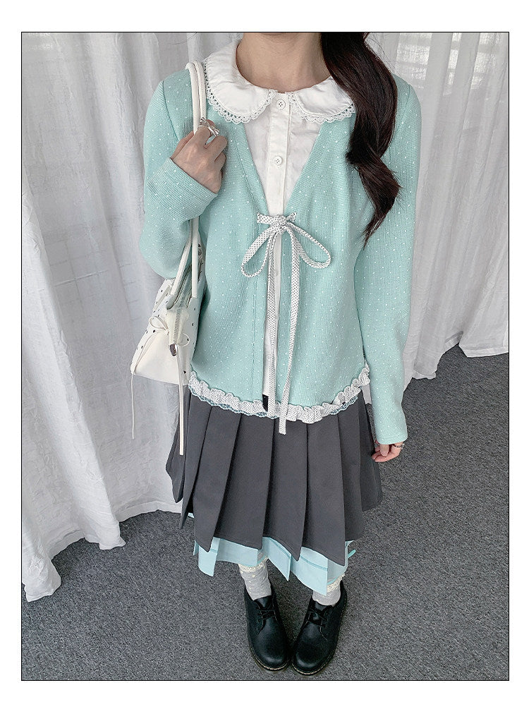 Polka Dot Lace-Collar Layered Tie Long Sleeve Top
