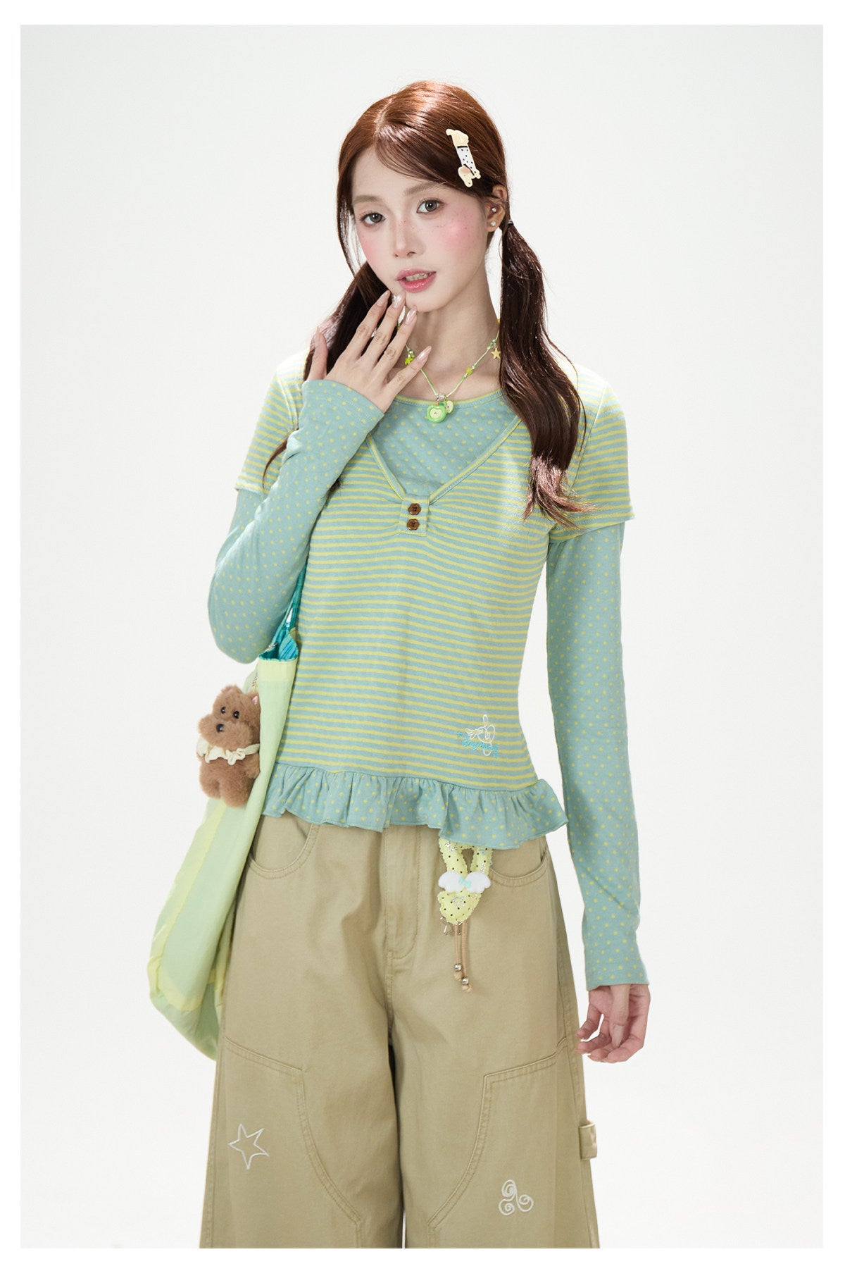 Polka-Dot Stripe Layered Long Sleeve Top & Embroidered Khaki Wide-Leg Cargo Pants