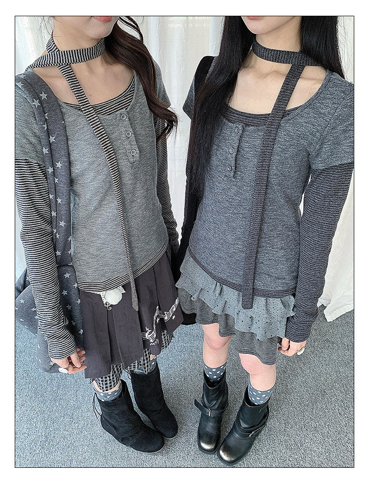 Striped Layered Henley Long Sleeve Top with Neck Tie